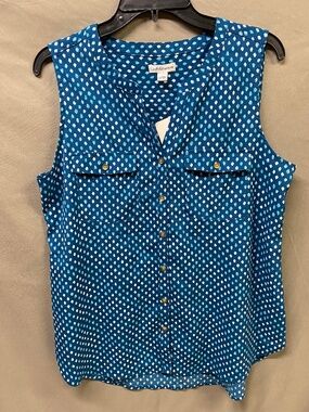 Croft & Barrow Women's Sleeveless Teal Button Up Polka Dot Blouse Size M NWT